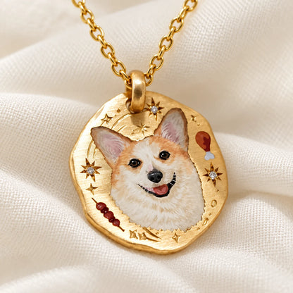 Collier personnalisé en or 18 carats avec portrait d'animal peint à la main
